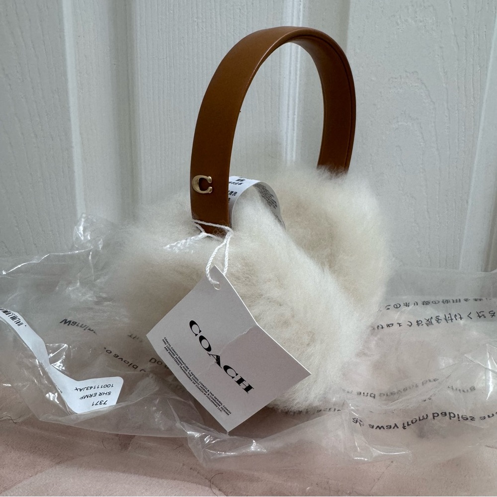 Coach White Shearling Earmuffs Saddle Brown Leather Headband